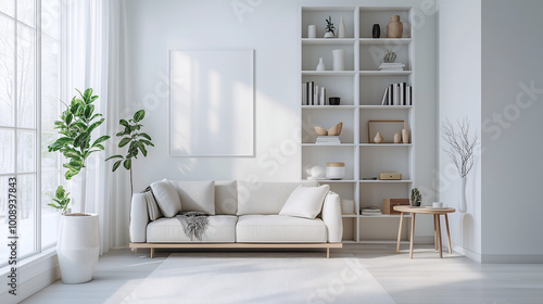 Minimalist living room design featuring built-in shelves with organized, tasteful decor, simple furniture, and bright, natural light