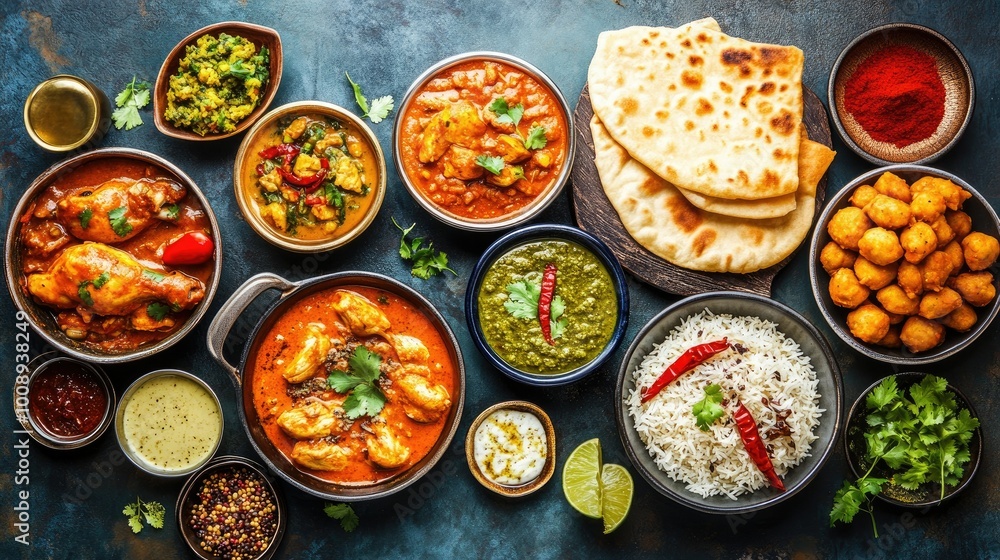 A vibrant top view of a traditional Indian Iftar food set, including chicken curry, dal with rice, butter chicken, spicy biryani, samosas, and naan, offering a delicious Ramadan feast. Ramadan Kareem. A vibrant top view of a traditional Indian Iftar food set, including chicken curry, dal with rice, butter chicken, spicy biryani, samosas, and naan, offering a delicious Ramadan feast. Ramadan Kareem.