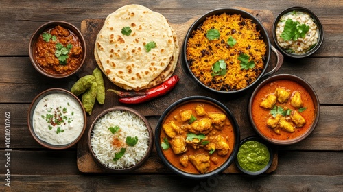 A vibrant top view of a traditional Indian Iftar food set, including chicken curry, dal with rice, butter chicken, spicy biryani, samosas, and naan, offering a delicious Ramadan feast. Ramadan Kareem. photo