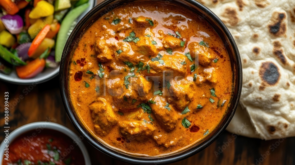 Aerial perspective of a bowl filled with aromatic chicken korma, complemented by a side of colorful vegetables and naan, Aerial perspective of a bowl filled with aromatic chicken korma, complemented by a side of colorful vegetables and naan,