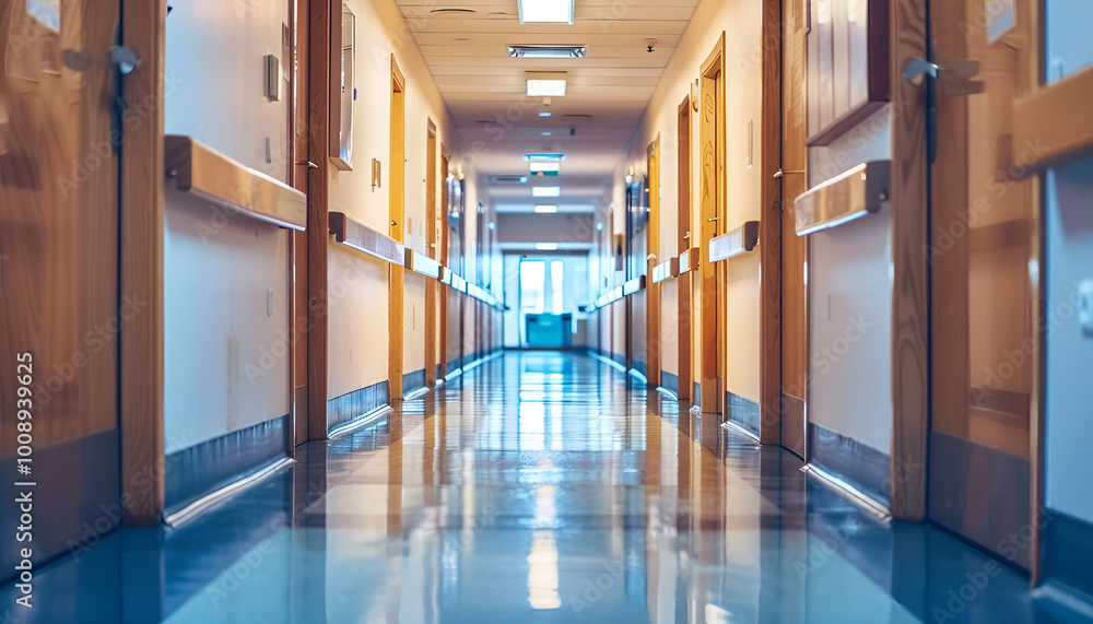 View of empty hospital corridor with wooden doors View of empty hospital corridor with wooden doors