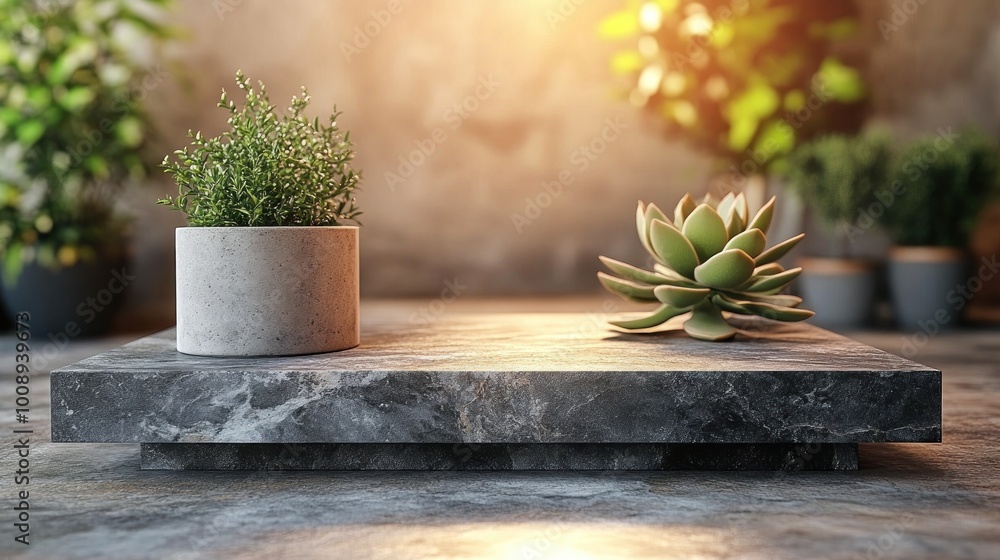 A serene display of potted plants on a textured surface. A serene display of potted plants on a textured surface.