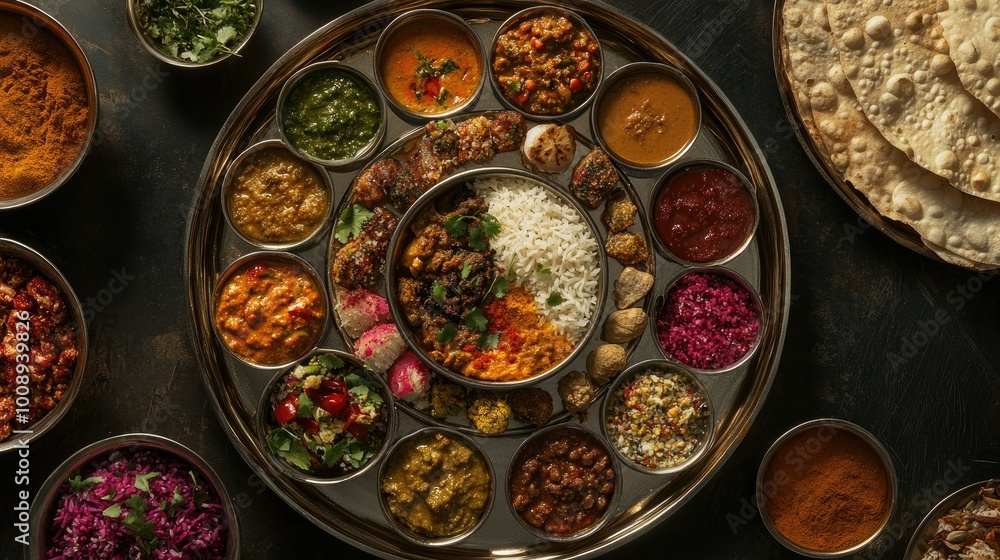 Aerial perspective of a round thali filled with an assortment of Indian dishes, with vibrant colors and textures, Aerial perspective of a round thali filled with an assortment of Indian dishes, with vibrant colors and textures,