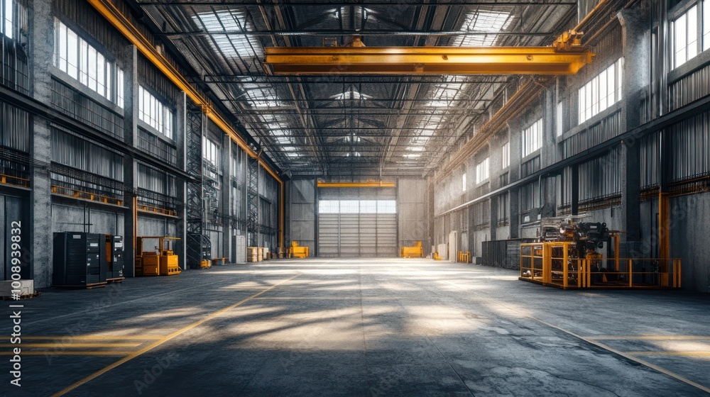 Empty Industrial Warehouse with Yellow Crane and Sunbeams Empty Industrial Warehouse with Yellow Crane and Sunbeams