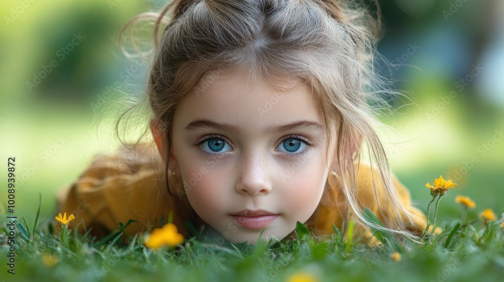 Portrait of a Little Girl with Blue Eyes in a Field of Flowers Portrait of a Little Girl with Blue Eyes in a Field of Flowers