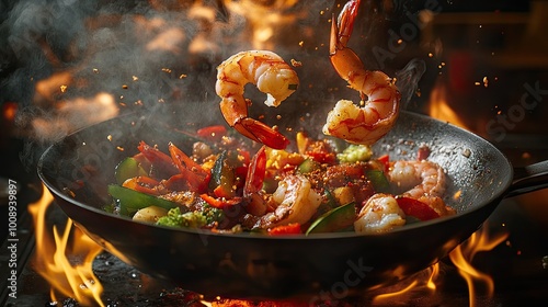 Fototapeta Naklejka Na Ścianę i Meble -  Aerial perspective of a stir-frying session with shrimp, vegetables, and spices flying out of a wok pan, surrounded by flames,