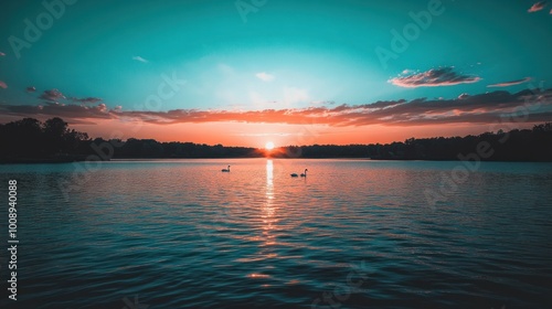 Two swans swim on a calm lake at sunset with a vibrant orange, blue, and pink sky.