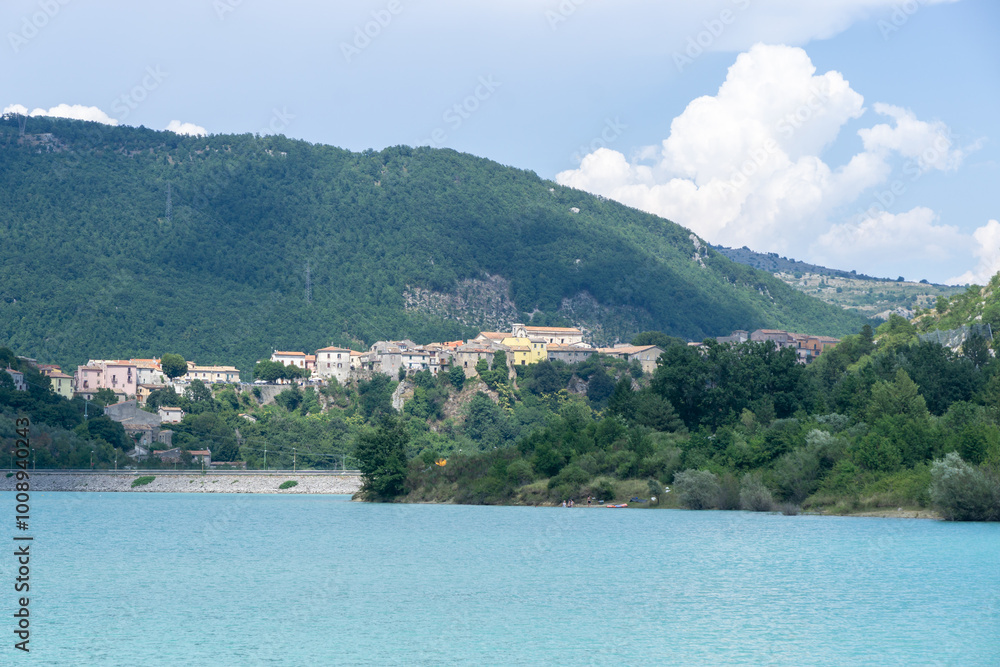 View from the lake of the city of Castel San Vincenzo, Molise, Italy View from the lake of the city of Castel San Vincenzo, Molise, Italy