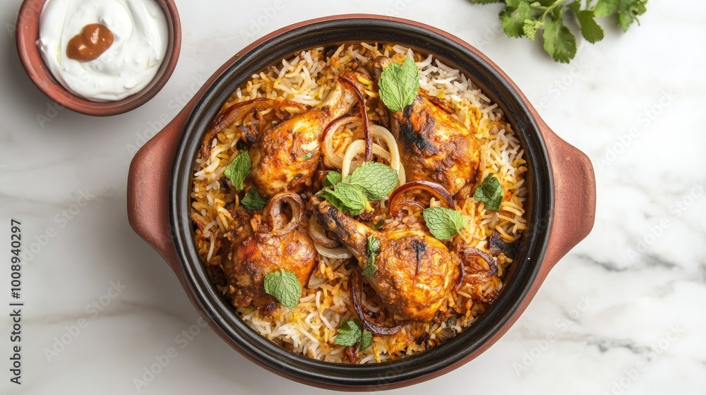 Aerial shot of a steaming hot Chicken Biryani served in a clay pot, with mint leaves, fried onions, and a side of yogurt, set on a white marble surface. Aerial shot of a steaming hot Chicken Biryani served in a clay pot, with mint leaves, fried onions, and a side of yogurt, set on a white marble surface.