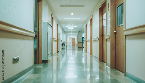 View of empty hospital corridor with wooden doors