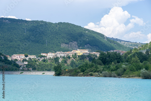 View from the lake of the city of Castel San Vincenzo, Molise, Italy
