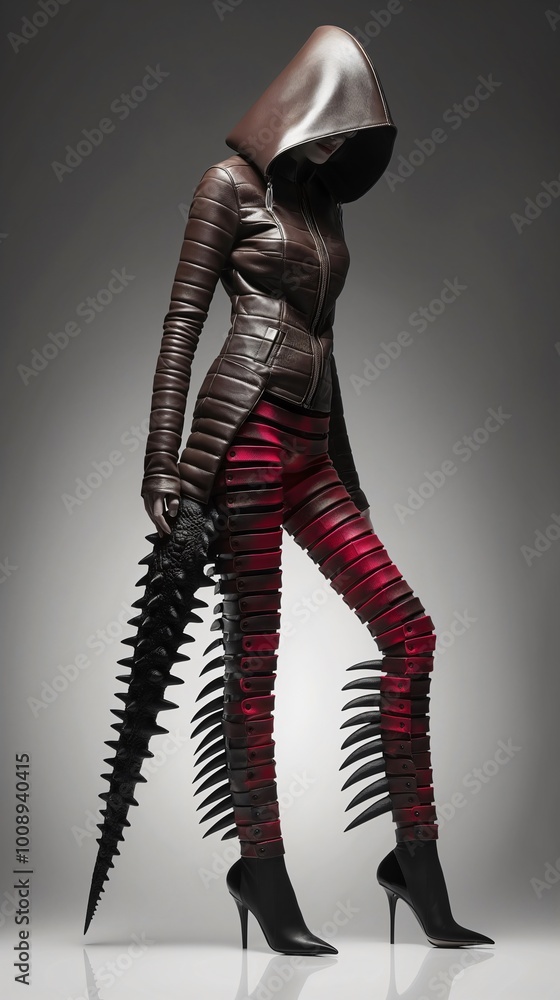 A striking model showcases avant-garde fashion with spiked accessories during a dramatic photoshoot in a studio setting A striking model showcases avant-garde fashion with spiked accessories during a dramatic photoshoot in a studio setting