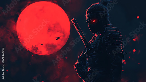 A silhouetted ninja stands against a backdrop of a red moon and dark clouds, holding a katana sword in his hand, with glowing red eyes.
