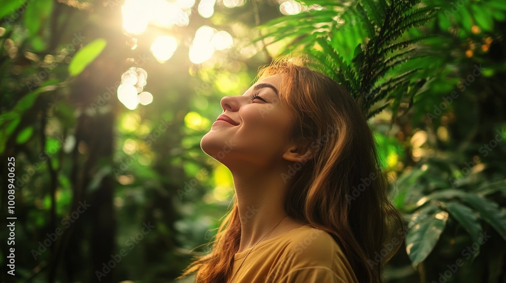 a picture of a happy woman taking in the fresh air in a verdant woodland a picture of a happy woman taking in the fresh air in a verdant woodland