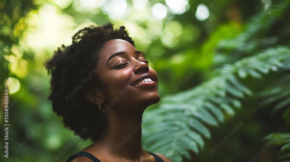 a picture of a happy woman taking in the fresh air in a verdant woodland a picture of a happy woman taking in the fresh air in a verdant woodland