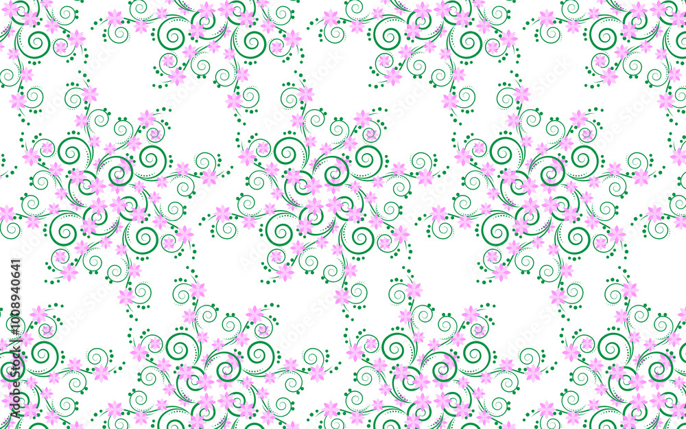 The pattern is a floral pattern with pink illustrations, used in clothing design. The pattern is a floral pattern with pink illustrations, used in clothing design.