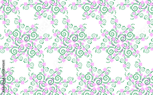 The pattern is a floral pattern with pink illustrations, used in clothing design.