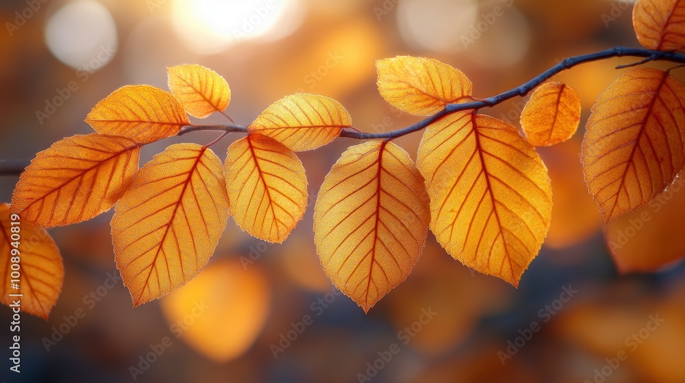 Golden Autumn Leaves Branch with Sunlit Bokeh Background Golden Autumn Leaves Branch with Sunlit Bokeh Background