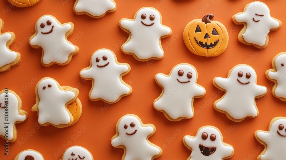 Smiling ghost and pumpkin-shaped cookies spread across an orange background in a playful Halloween pattern. Realistic, very detailed Smiling ghost and pumpkin-shaped cookies spread across an orange background in a playful Halloween pattern. Realistic, very detailed