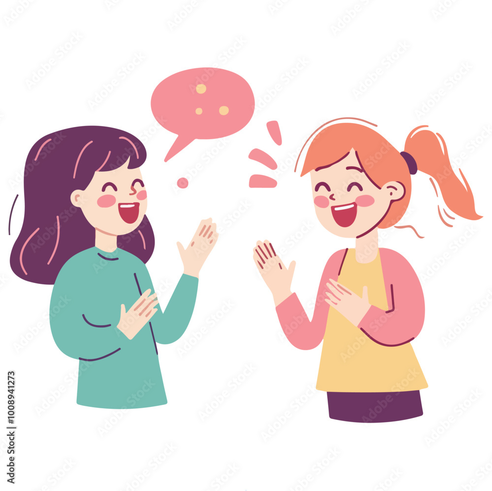 Happy girl having fun with friend partner flat illustration Happy girl having fun with friend partner flat illustration