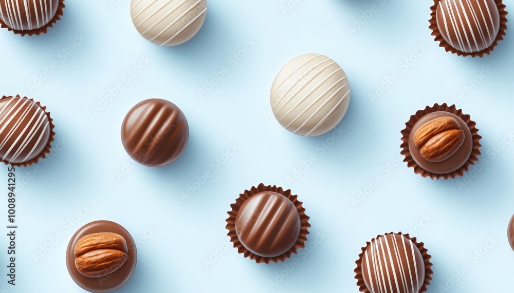 Vector illustration of chocolate bonbons with caramel and nut fillings on a light pastel blue background. Vector illustration of chocolate bonbons with caramel and nut fillings on a light pastel blue background.