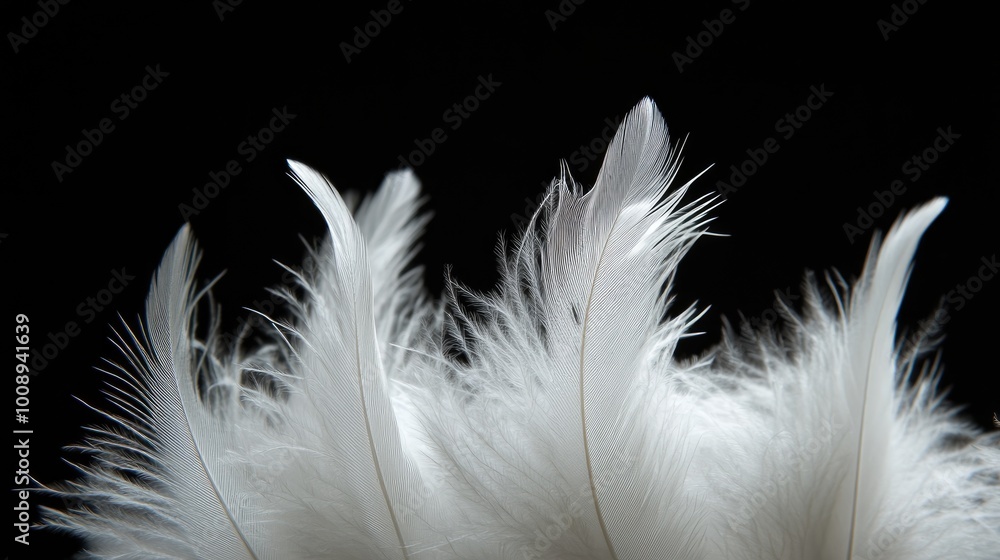 Obraz premium White feathers with fine textures and intricate barbs, set against a deep black background for an elegant look