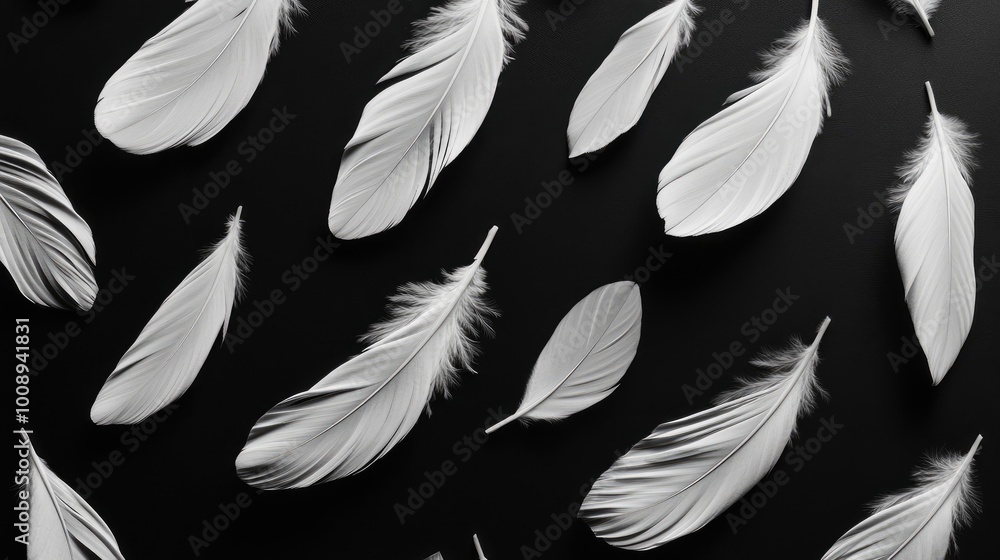 Soft white feathers arranged in a pattern on a black surface, creating a sophisticated and serene image Soft white feathers arranged in a pattern on a black surface, creating a sophisticated and serene image