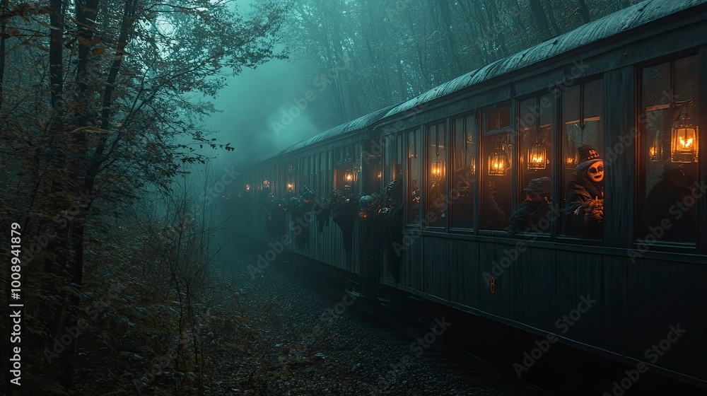 A spooky Halloween train ride through a foggy forest, with passengers in creative costumes and glowing lanterns hanging from the windows.