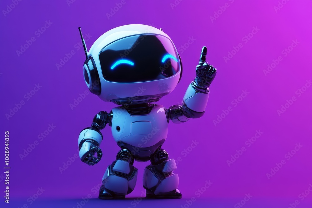 A tiny cute little robot moving and pointing, science and technology, robotics, artificial intelligence, solid purple background, minimalism