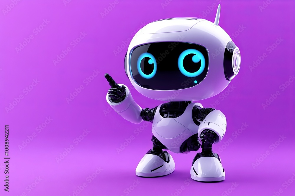 A tiny cute little robot moving and pointing, science and technology, robotics, artificial intelligence, solid purple background, minimalism A tiny cute little robot moving and pointing, science and technology, robotics, artificial intelligence, solid purple background, minimalism