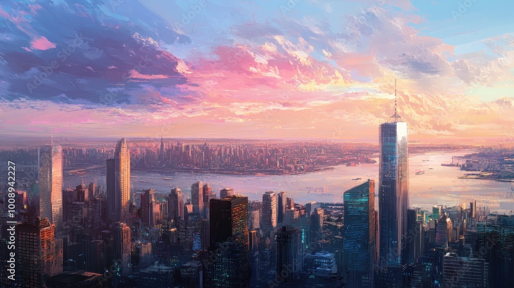 Fototapeta premium A Vibrant Cityscape with a Pink and Orange Sunset Sky