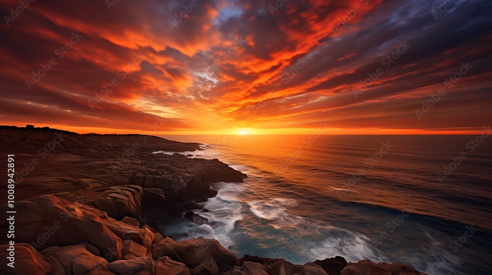 Obraz premium Dramatic sunset over rocky coastline with vibrant colors reflecting on ocean waves