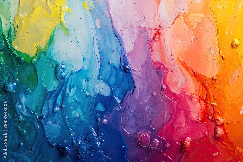 A fluid rainbow paint pour background, with colors blending naturally as they flow A fluid rainbow paint pour background, with colors blending naturally as they flow