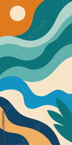 Abstract ocean-themed illustration featuring fluid shapes and a calming color palette. Perfect for creating a serene and coastal vibe in your designs.