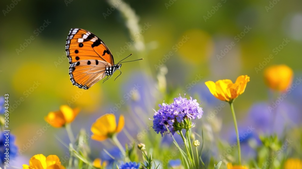 Vibrant Butterfly Among Colorful Wildflowers in Nature Vibrant Butterfly Among Colorful Wildflowers in Nature
