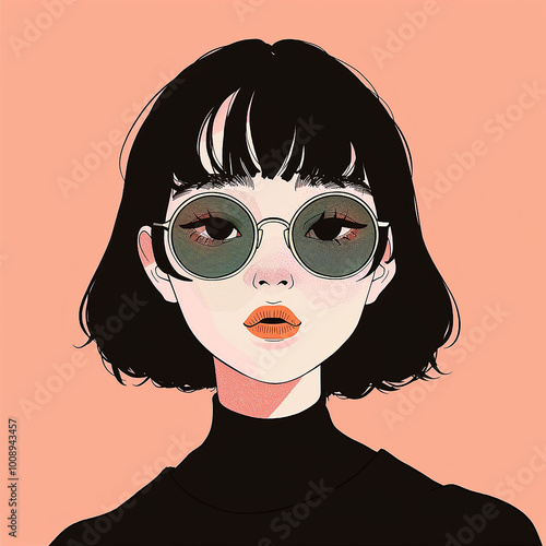 A fashionable illustration of a girl with short black hair, large round sunglasses, and bold orange lips. Peach background, the minimalist style enhances the chic, modern vibe of the character.