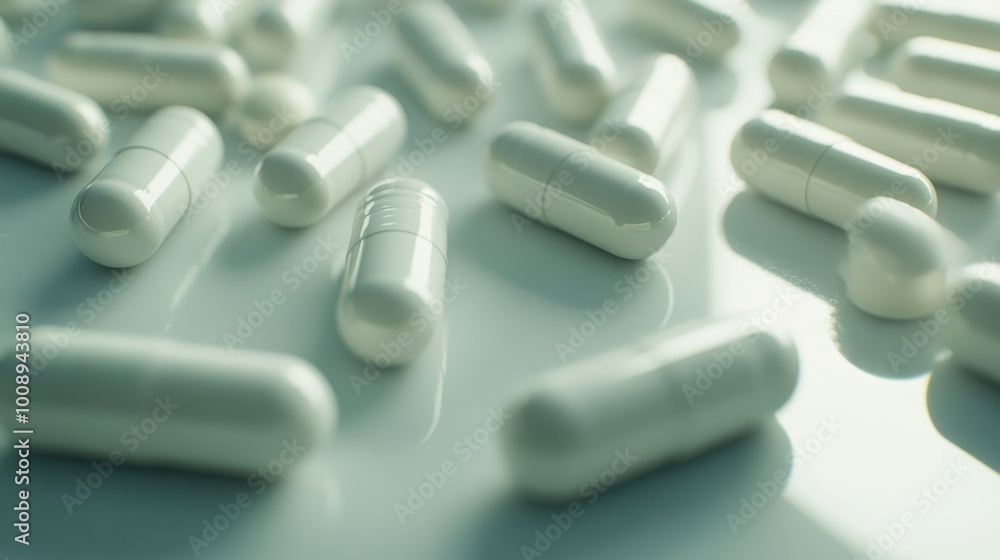 White capsules and herbal supplements carefully arranged on a plain white surface, with detailed texture and reflections. Realistic White capsules and herbal supplements carefully arranged on a plain white surface, with detailed texture and reflections. Realistic
