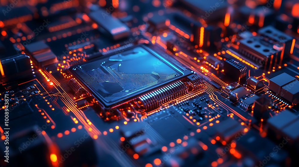 Closeup of a computer chip with glowing orange circuitry. Closeup of a computer chip with glowing orange circuitry.