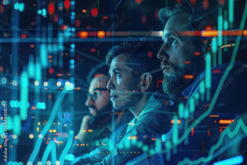 Fototapeta premium Global team collaboration with forex analysis hologram.