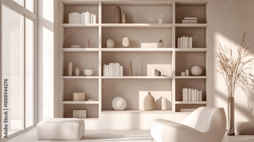 Minimalist living room with built-in shelves holding neatly arranged decorative objects, featuring neutral tones and a clean, modern aesthetic