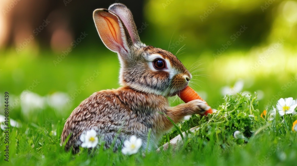 Obraz premium A cute rabbit munching on a carrot amidst green grass and flowers.