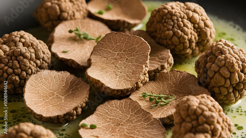 A close-up of freshly cleaned desert truffles, their textured surfaces on display. Sliced and sautéed in butter, they're garnished with herbs for a rustic yet elegant presentation.






 photo