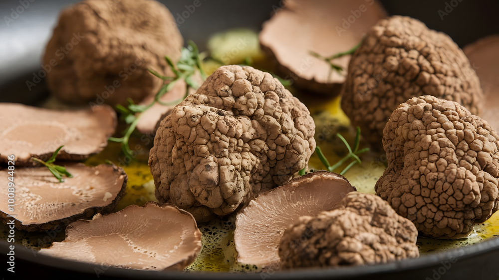 A close-up of freshly cleaned desert truffles, their textured surfaces on display. Sliced and sautéed in butter, they're garnished with herbs for a rustic yet elegant presentation.
A close-up of freshly cleaned desert truffles, their textured surfaces on display. Sliced and sautéed in butter, they're garnished with herbs for a rustic yet elegant presentation.