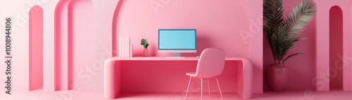 A stylish pink-themed home office with a computer, chair, and decorative plants, creating a vibrant and modern workspace.