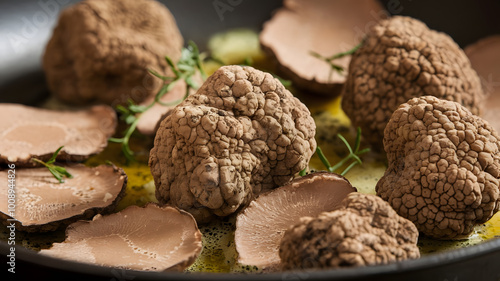 A close-up of freshly cleaned desert truffles, their textured surfaces on display. Sliced and sautéed in butter, they're garnished with herbs for a rustic yet elegant presentation.






 photo