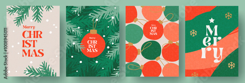 Merry Christmas and Happy New Year greeting card Set. Modern beautiful Xmas design with typography, Christmas tree branches, balls, snowflake pattern. Minimal art banner, poster, cover templates