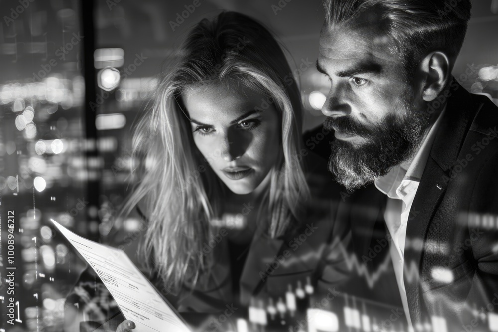 Fototapeta premium Businesswoman and colleague analyzing forex graph over cityscape background.