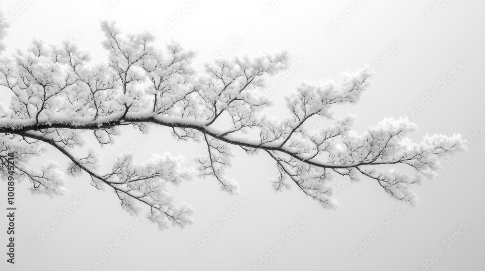 A snowy branch against a misty background, evoking tranquility. A snowy branch against a misty background, evoking tranquility.