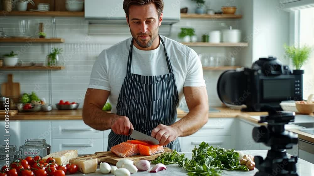 Amateur chef recording in a bright kitchen, happy and focused. Amateur chef recording in a bright kitchen, happy and focused.