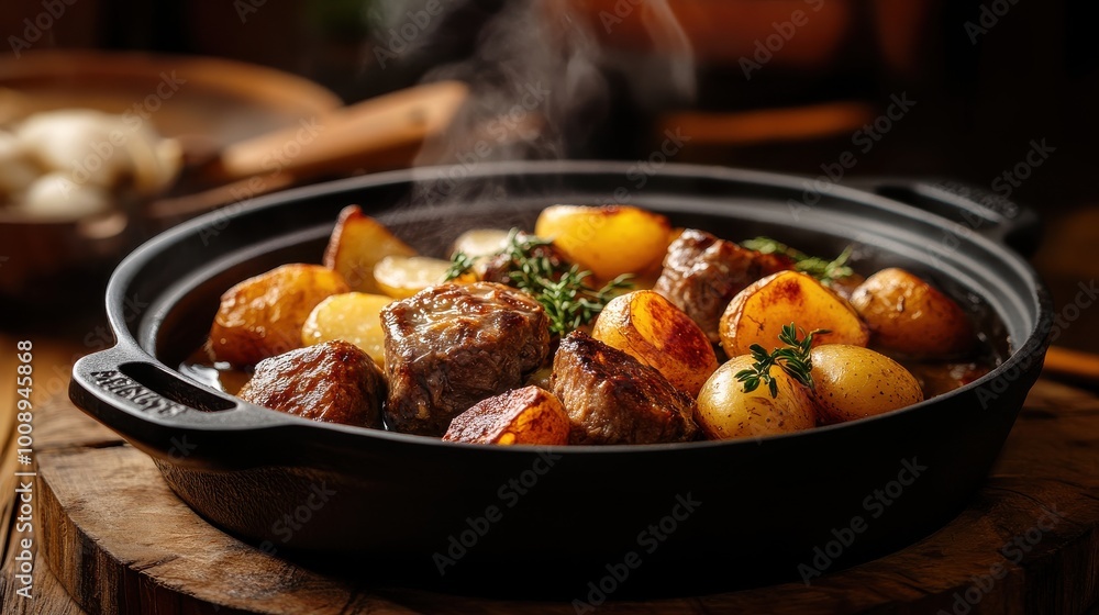 Hearty beef stew with potatoes in a cast iron pot served hot Hearty beef stew with potatoes in a cast iron pot served hot